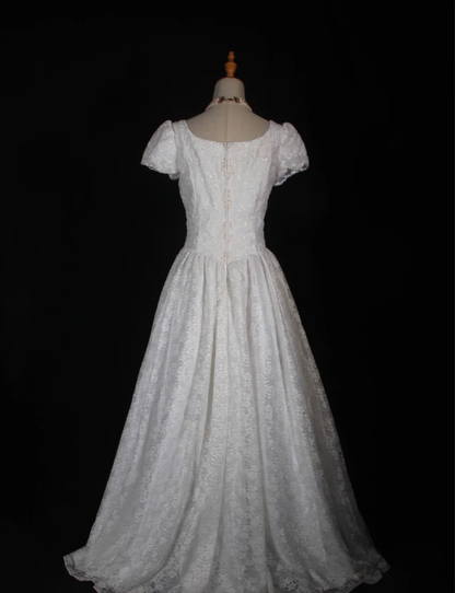 Pretty White Satin Beaded Floral Lace Ball Gown Formal Long Wedding Dress