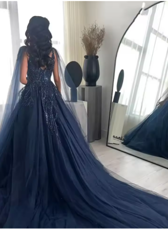 Sexy Ball Gown Navy Blue Tulle Long Sequin Prom Dresses Long Party Dress