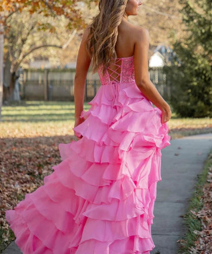 omberprom Hot Pink A-Line Sweetheart Chiffon Tiered Long Prom Dresses with Appliques Charming Wholesale