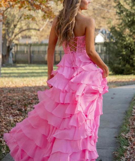 omberprom Hot Pink A-Line Sweetheart Chiffon Tiered Long Prom Dresses with Appliques Charming Wholesale