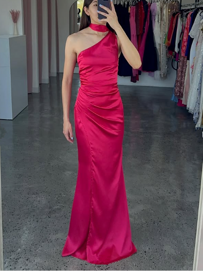 Elegant One Shoulder Hot Pink Satin Sheath Prom Dress Long Evening Dress Y8419
