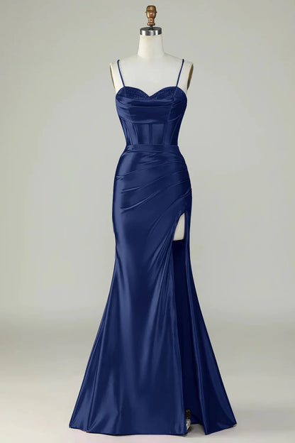 omberprom Mermaid Evening Dress Spaghetti Straps Long Prom Dress Dark Green With Slit