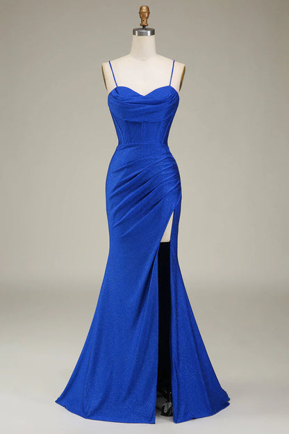 omberprom Lilac Mermaid Evening Dress Spaghetti Straps Satin Corset Prom Dress with Slit