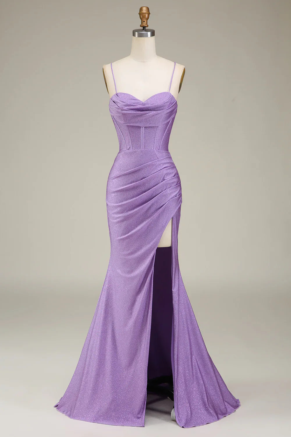 omberprom Lilac Mermaid Evening Dress Spaghetti Straps Satin Corset Prom Dress with Slit