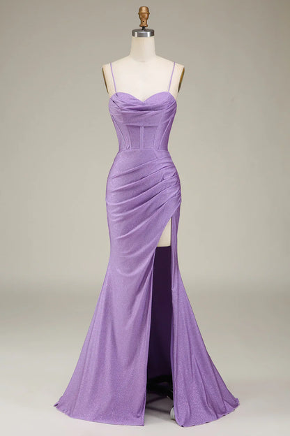 omberprom Lilac Mermaid Evening Dress Spaghetti Straps Satin Corset Prom Dress with Slit