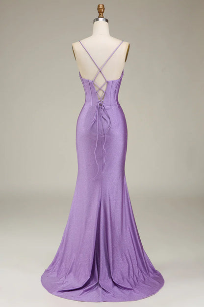 omberprom Lilac Mermaid Evening Dress Spaghetti Straps Satin Corset Prom Dress with Slit