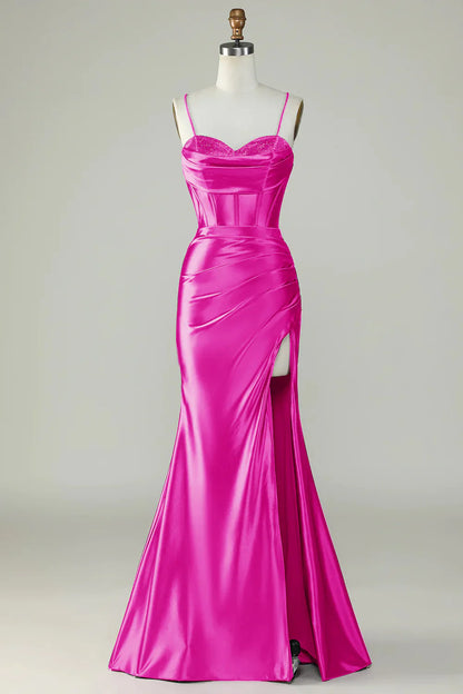 omberprom Mermaid Evening Dress Spaghetti Straps Long Prom Dress Dark Green With Slit