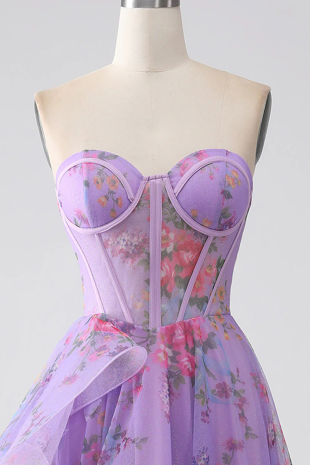 omberprom Purple A-Line Sweetheart Strapless Long Prom Dress With Slit Printed Flowers