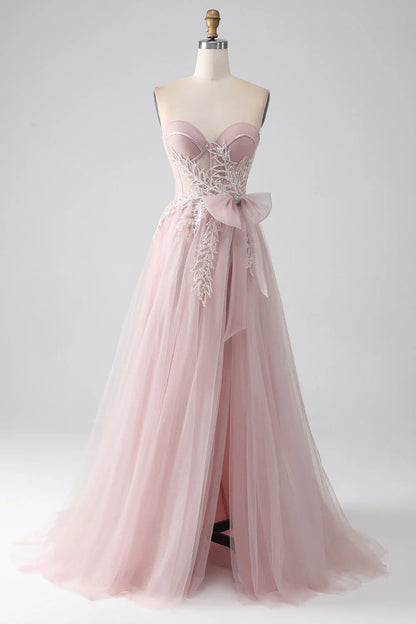 omberprom Blush A-Line Sweetheart Prom Dress Strapless Bow Tulle with Slit Sparkly