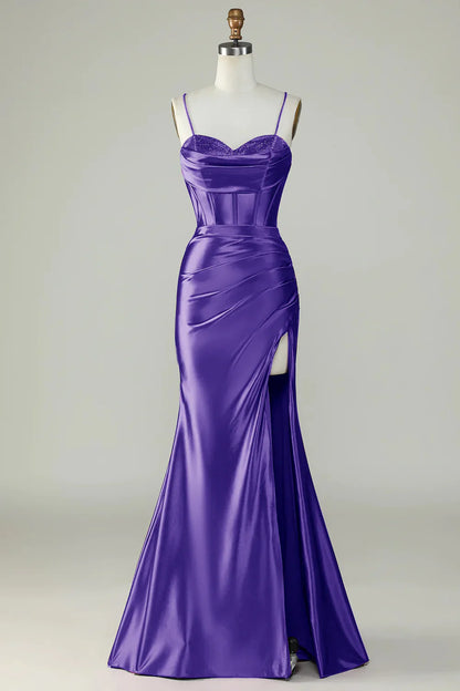 omberprom Mermaid Evening Dress Spaghetti Straps Long Prom Dress Dark Green With Slit