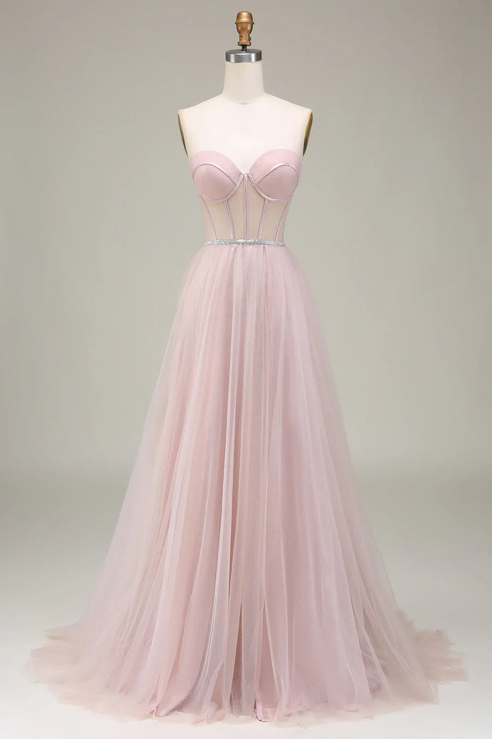 omberprom Light Pink Evening Dress A-Line Sweetheart Tulle Corset Long Prom Dress