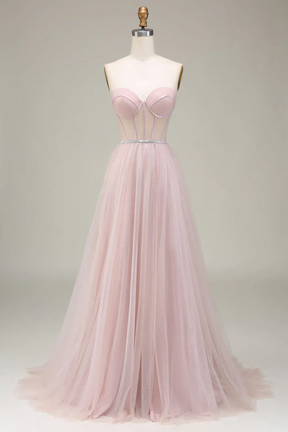 omberprom Light Pink Evening Dress A-Line Sweetheart Tulle Corset Long Prom Dress