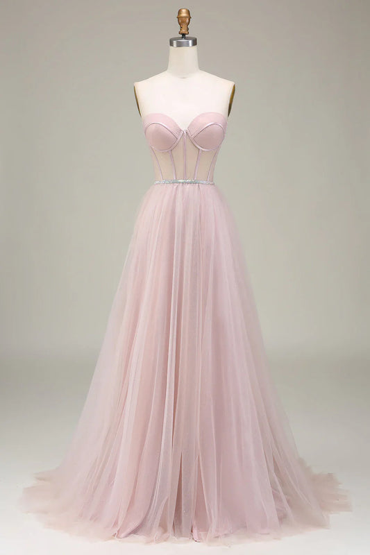omberprom Light Pink Evening Dress A-Line Sweetheart Tulle Corset Long Prom Dress