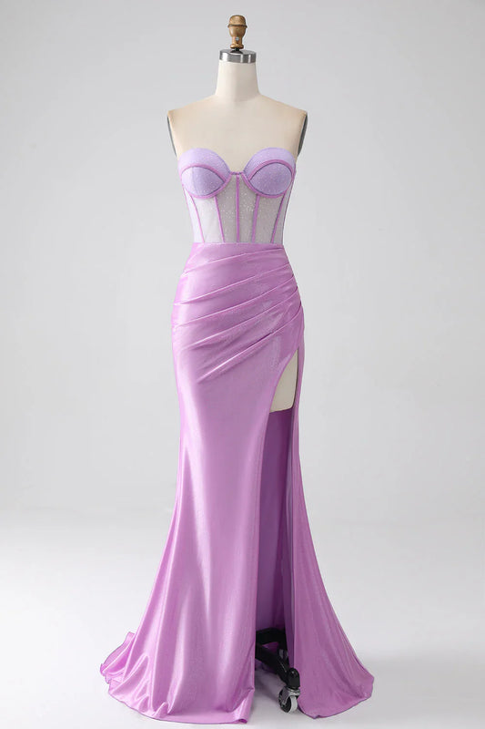 omberprom Mermaid Long Prom Dress Sweetheart Strapless Pleated Corset with Slit