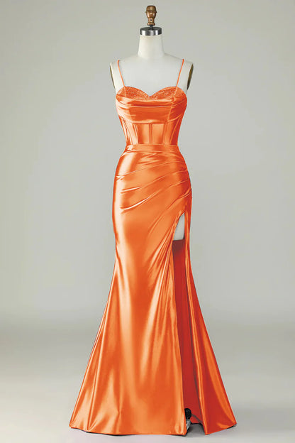 omberprom Mermaid Evening Dress Spaghetti Straps Long Prom Dress Dark Green With Slit