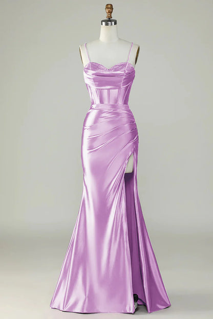 omberprom Mermaid Evening Dress Spaghetti Straps Long Prom Dress Dark Green With Slit