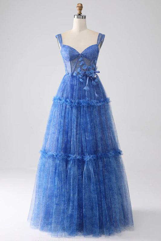 omberprom Blue Printed A Line Long Prom Dress Tulle Corset With Appliques