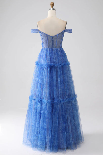 omberprom Blue Printed A Line Long Prom Dress Tulle Corset With Appliques