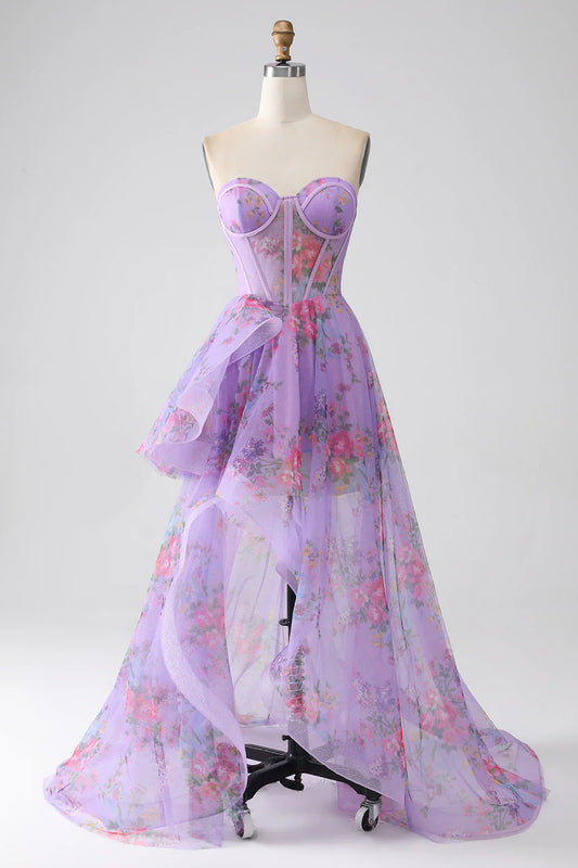 omberprom Purple A-Line Sweetheart Strapless Long Prom Dress With Slit Printed Flowers