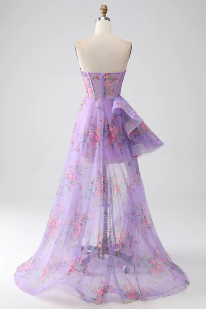 omberprom Purple A-Line Sweetheart Strapless Long Prom Dress With Slit Printed Flowers