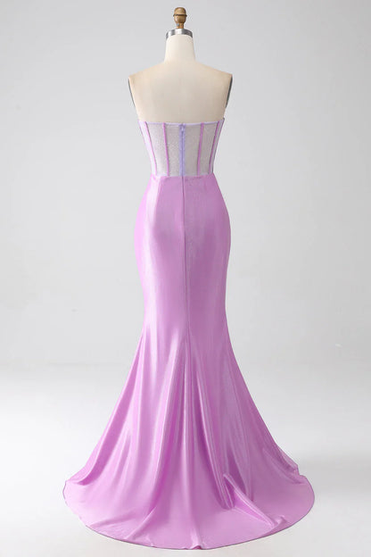 omberprom Mermaid Long Prom Dress Sweetheart Strapless Pleated Corset with Slit