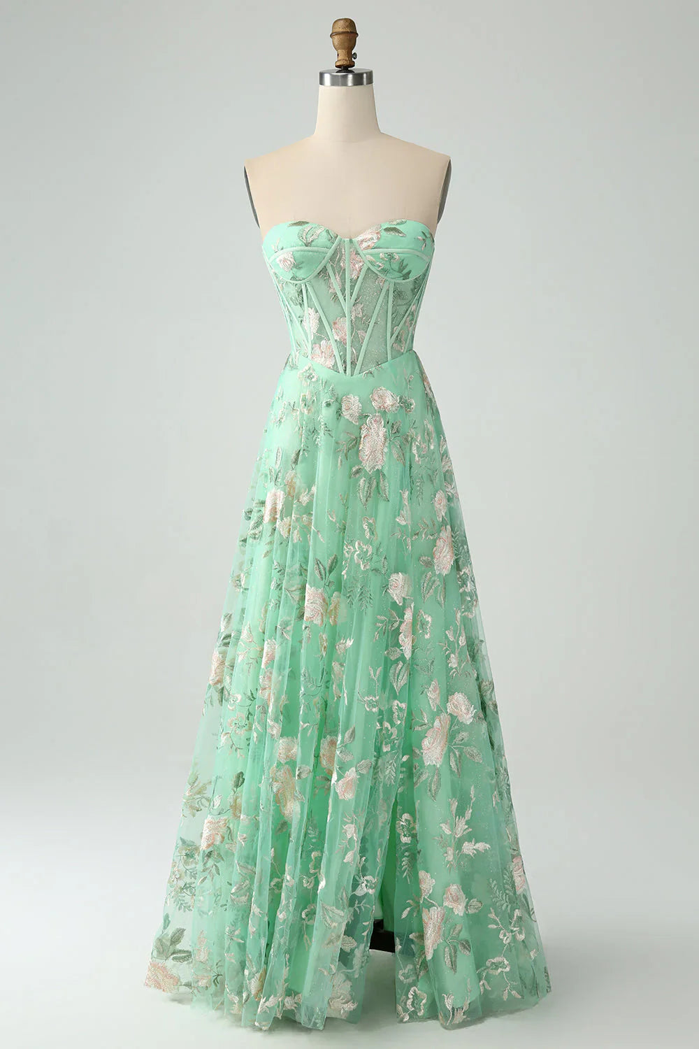 omberprom Green A-Line Evening Dress Sweetheart Corset Long Prom Dress with Embroidery