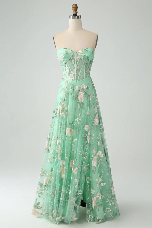 omberprom Green A-Line Evening Dress Sweetheart Corset Long Prom Dress with Embroidery