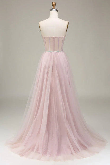 omberprom Light Pink Evening Dress A-Line Sweetheart Tulle Corset Long Prom Dress