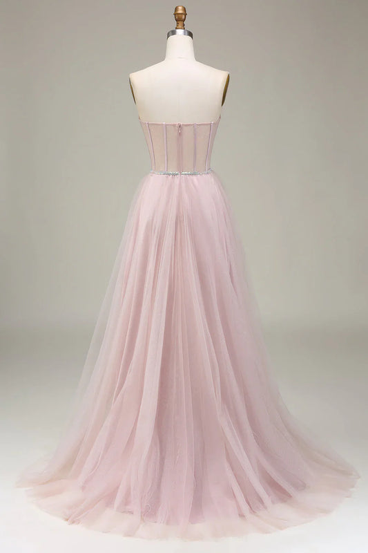 omberprom Light Pink Evening Dress A-Line Sweetheart Tulle Corset Long Prom Dress