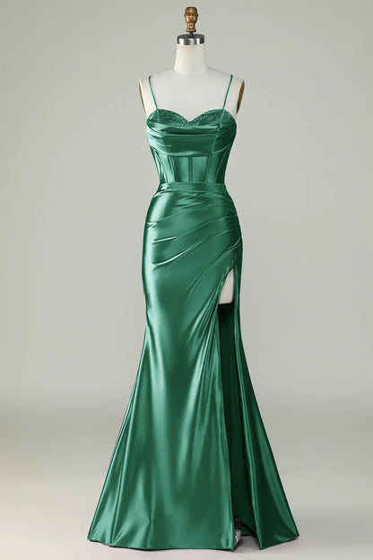 omberprom Mermaid Evening Dress Spaghetti Straps Long Prom Dress Dark Green With Slit