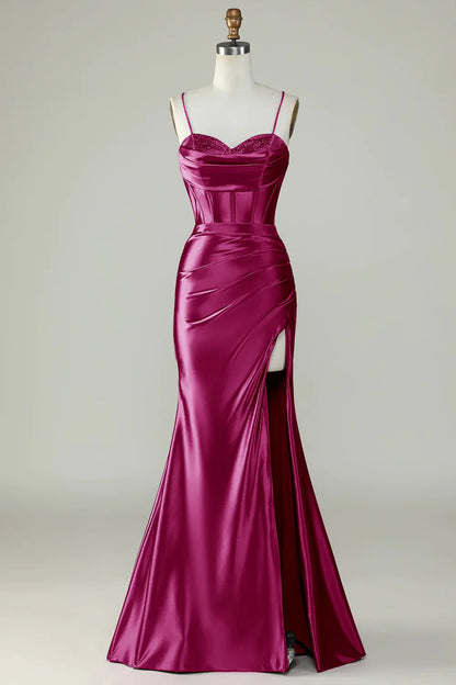 omberprom Mermaid Evening Dress Spaghetti Straps Long Prom Dress Dark Green With Slit