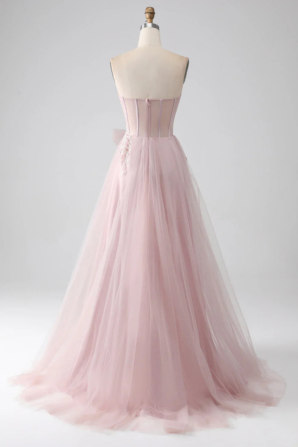 omberprom Blush A-Line Sweetheart Prom Dress Strapless Bow Tulle with Slit Sparkly