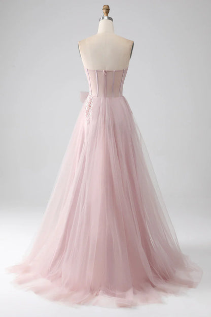 omberprom Blush A-Line Sweetheart Prom Dress Strapless Bow Tulle with Slit Sparkly
