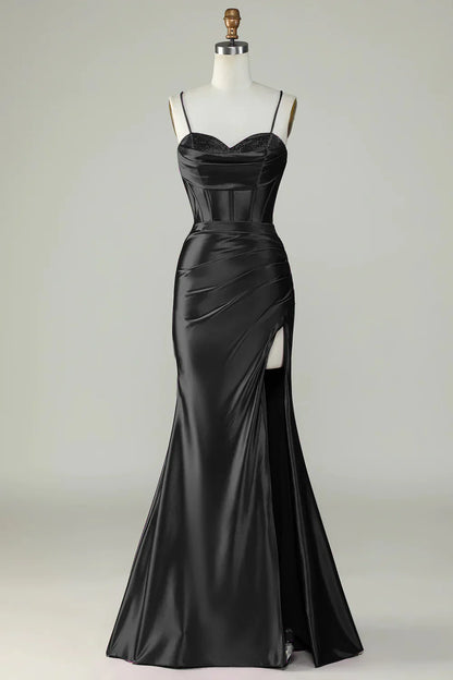 omberprom Mermaid Evening Dress Spaghetti Straps Long Prom Dress Dark Green With Slit