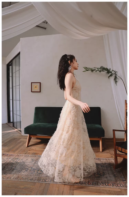 Elegant Sleeveless Lace Backless Long Birthday Party Dress Evening Gown