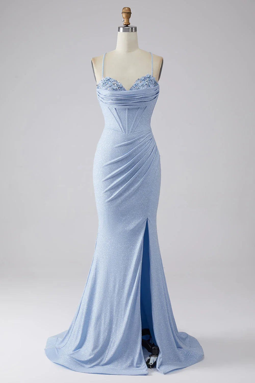 omberprom Light Blue Sparkly Mermaid Evening Dress Spaghetti Straps Corset Prom Dress with Slit
