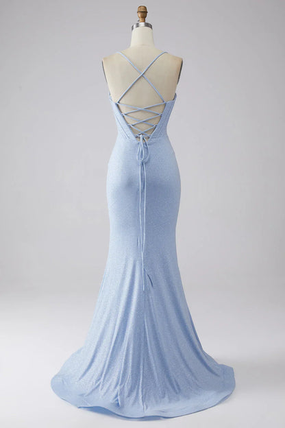 omberprom Light Blue Sparkly Mermaid Evening Dress Spaghetti Straps Corset Prom Dress with Slit