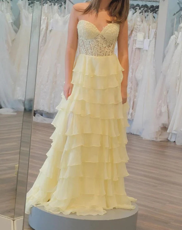 omberprom Hot Pink A-Line Sweetheart Chiffon Tiered Long Prom Dresses with Appliques Charming Wholesale