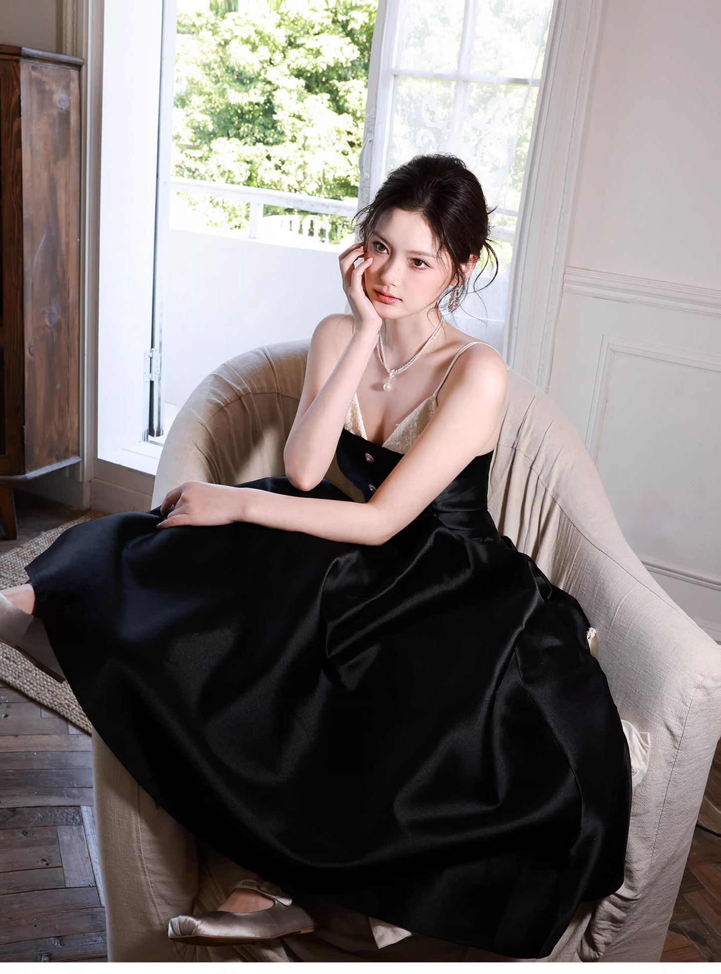 Pretty Spaghetti Straps V Neck Satin A Line Long Evening Dress Black Birthday Dress SP1655