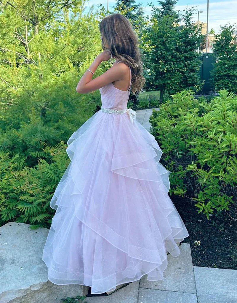 omberprom Fashion A-Line Evening Dress V-Neck Ruffled Tulle Prom Dress With Belt