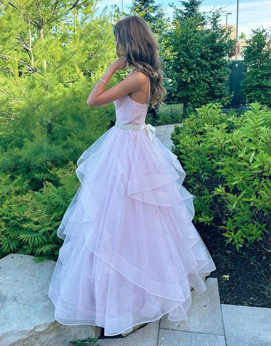 omberprom Fashion A-Line Evening Dress V-Neck Ruffled Tulle Prom Dress With Belt