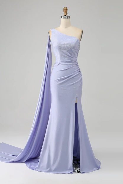 omberprom Lilac Mermaid Evening Dress One Shoulder Backless Long Prom Dress with Slit