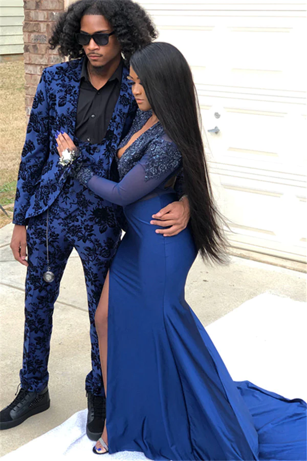 Navy Blue Long Sleeve V Neck Applique Split Front Mermaid Prom Dresses Y573
