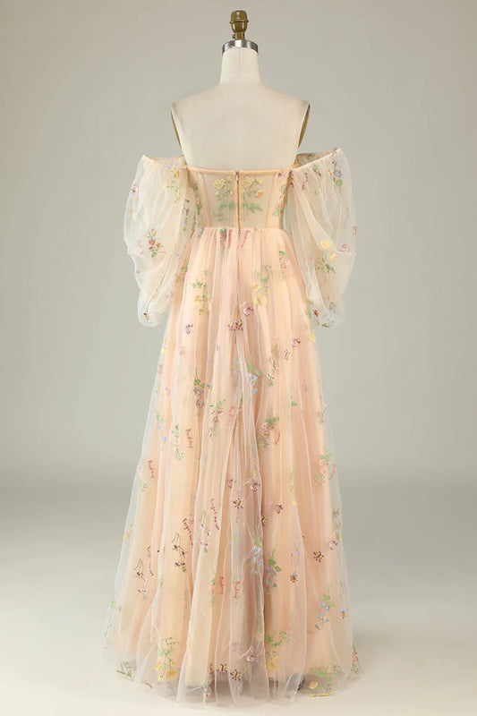omberprom Prom Dresses A-Line Off The Shoulder Floor Length Dress With Embroidery Champagne
