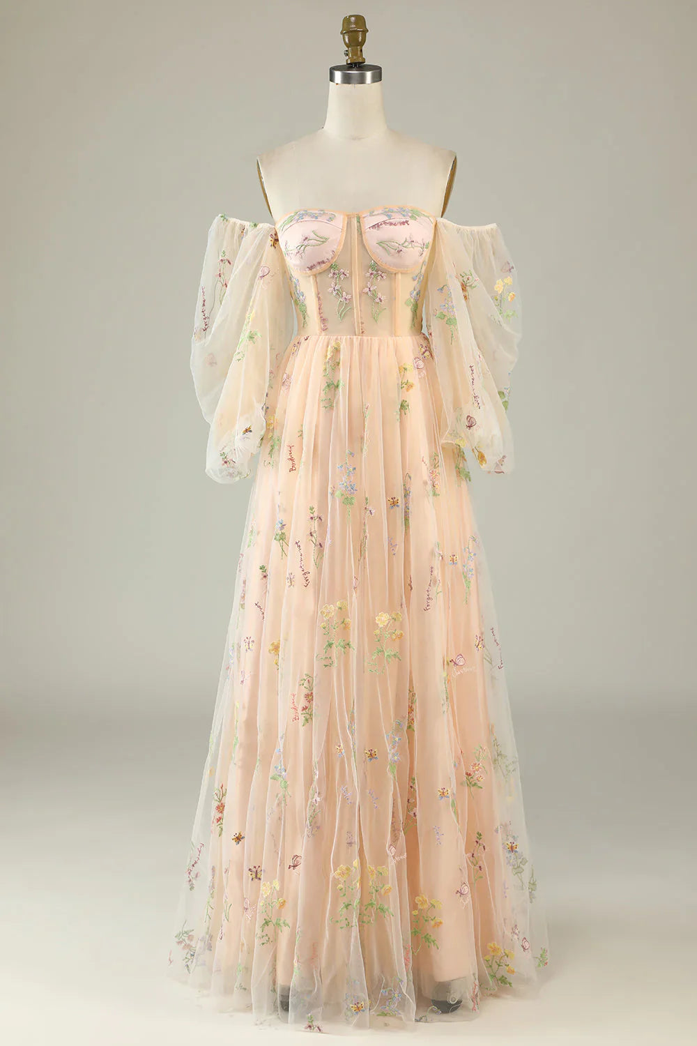 omberprom Prom Dresses A-Line Off The Shoulder Floor Length Dress With Embroidery Champagne