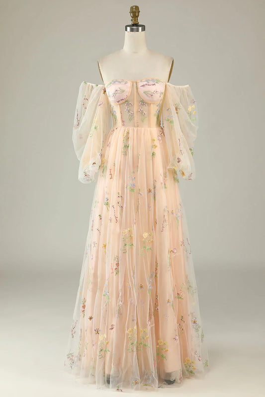 omberprom Prom Dresses A-Line Off The Shoulder Floor Length Dress With Embroidery Champagne