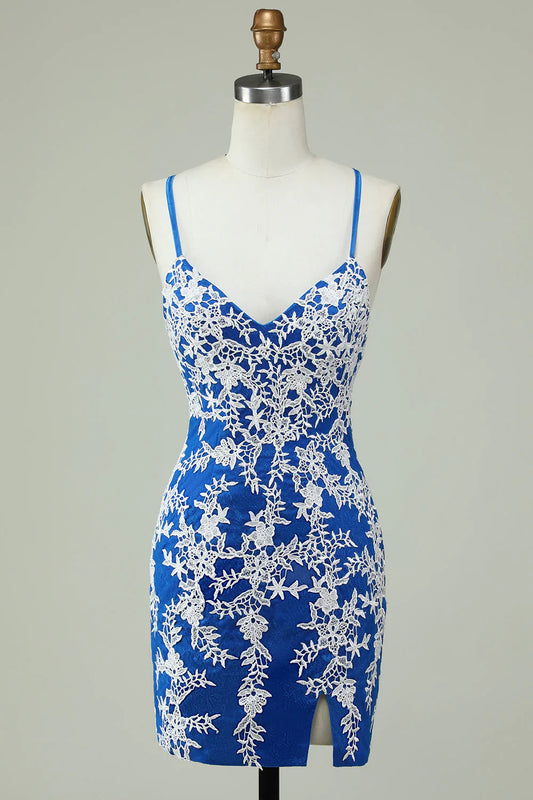 omberprom Homecoming Dress Spaghetti Straps Blue Sheath With Appliques