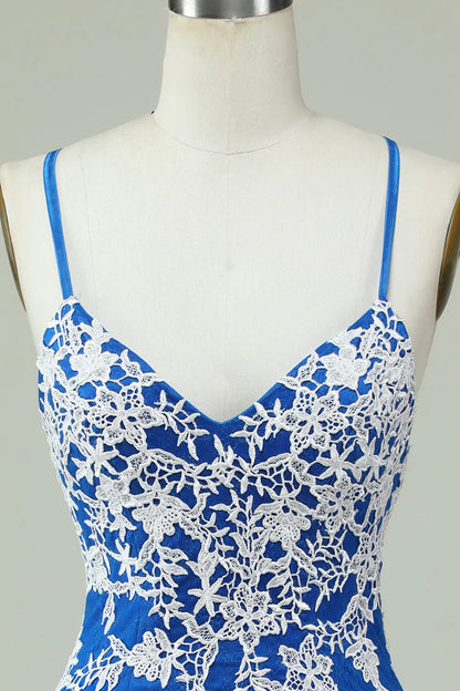 omberprom Homecoming Dress Spaghetti Straps Blue Sheath With Appliques