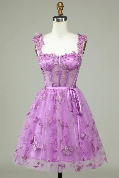 omberprom Short Homecoming Dress Cute Purple A Line Corset Graduation Dresses with Appliques