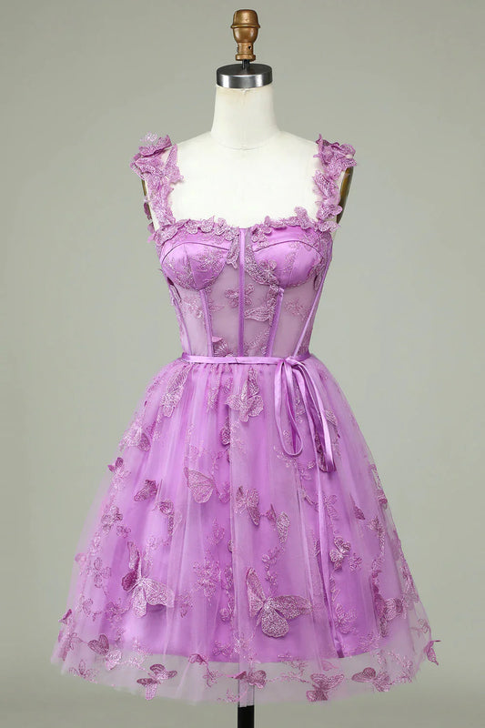 omberprom Short Homecoming Dress Cute Purple A Line Corset Graduation Dresses with Appliques